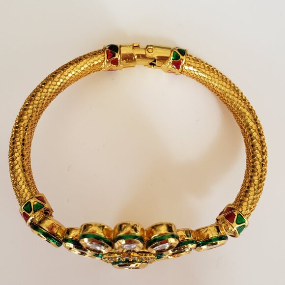 NWOT Statement Bracelet Elegant Kundan Enamel CZ Floral Design Hinged Bangle - Picture 11 of 13